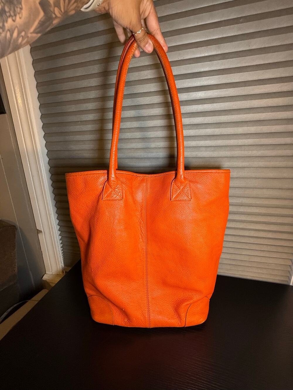 Crate & Barrel Orange Pebbled Leather Tote Shoulder Bag Large Shopper Purse